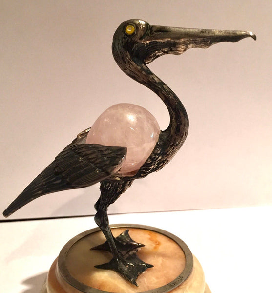 Vintage sterling and stone pelican on marble base