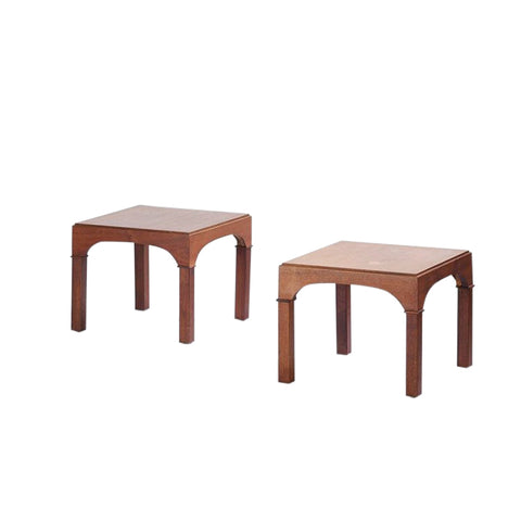 Vintage walnut coliseum style side tables in the style of T.H. Robsjohn Gibbings