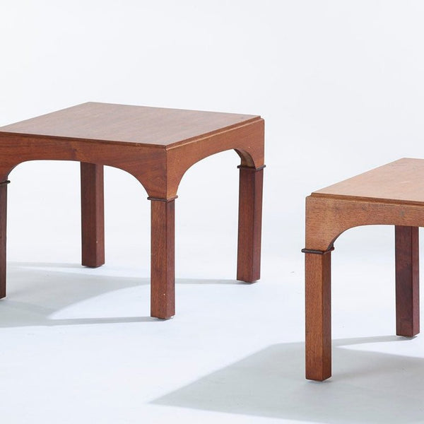 Vintage walnut coliseum style side tables in the style of T.H. Robsjohn Gibbings