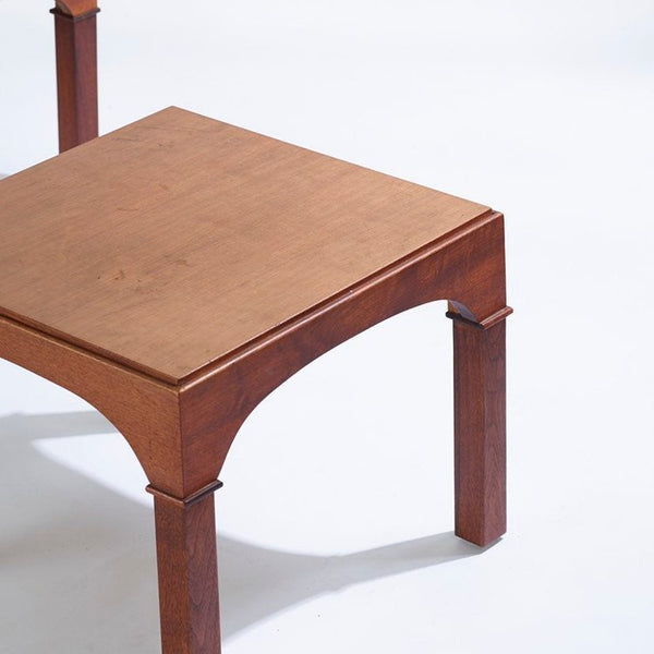 Vintage walnut coliseum style side tables in the style of T.H. Robsjohn Gibbings