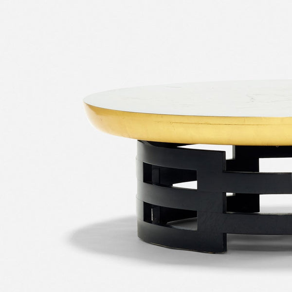 Vintage Lotus coffee table with black lacquered base and gold sides designed by Theodore Muller and Isabelle Barringer for Kittinger