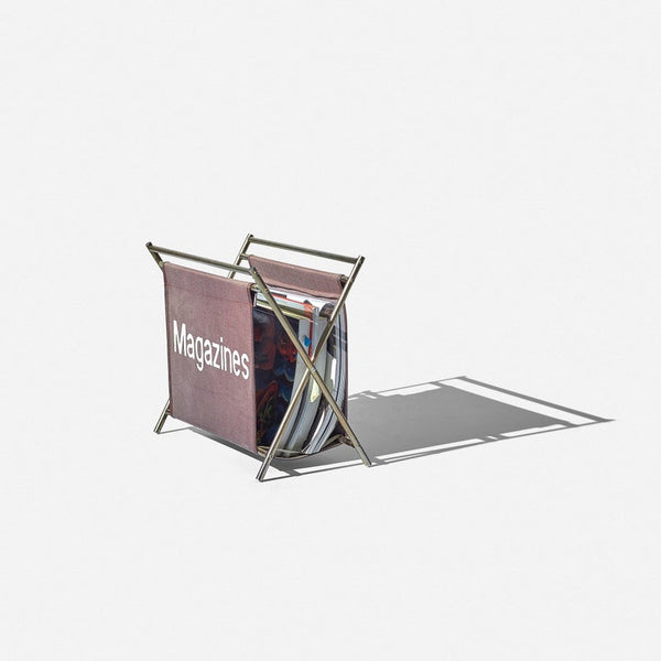 Vintage folding magazine rack made out of fabric and chrome