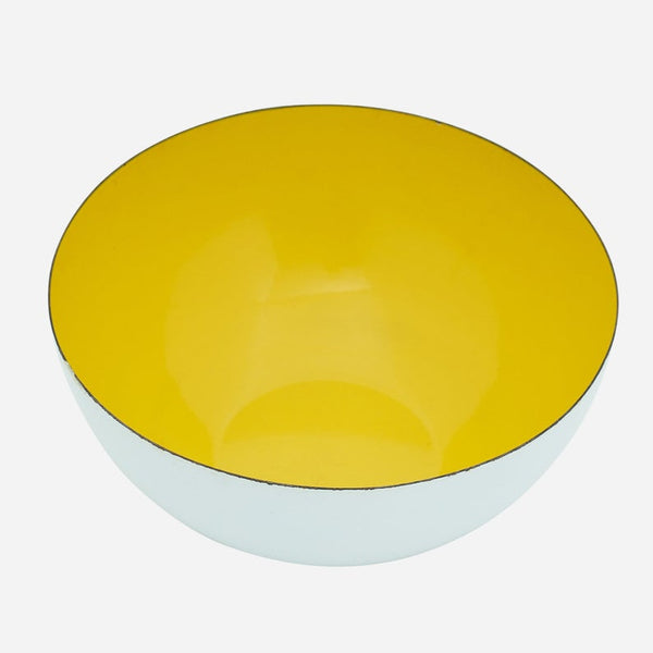 Vintage large white enamel bowl with yellow interior