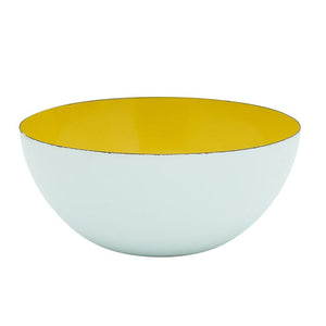 Vintage large white enamel bowl with yellow interior