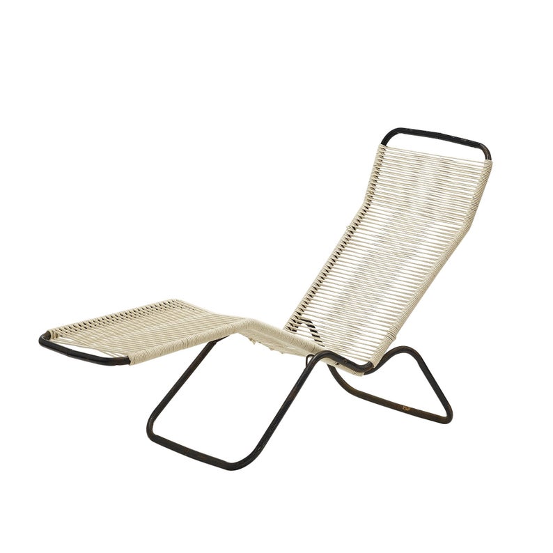 Vintage midcentury modern folding patio chair with woven rope seat