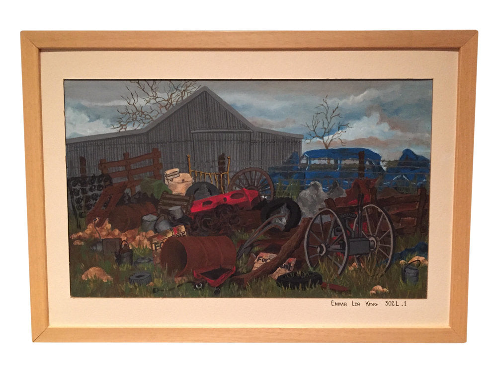 Wonderful acrylic or gouache painting on board of a farm scene