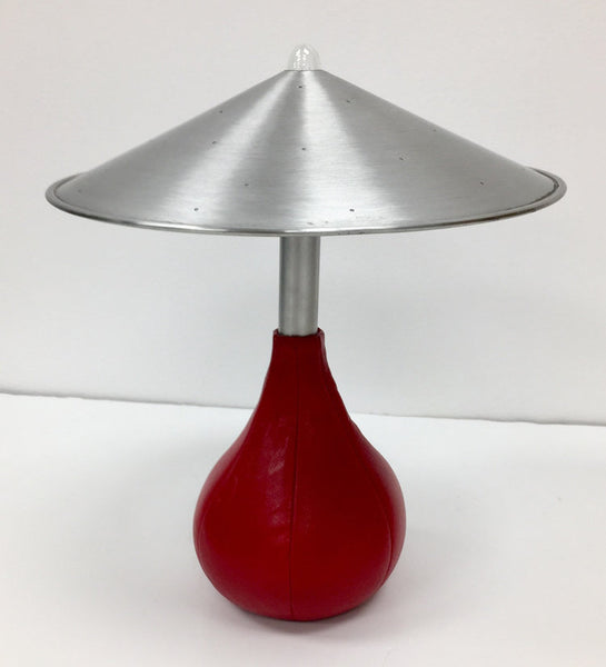 Pablo Pardo Piccola table lamp with spun aluminum shade and red leather bean bag base