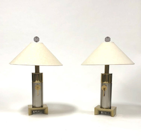 Pair of brushed chrome and brass Asian inspired Laurel lamps