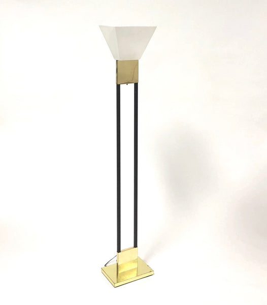 Vintage brass and black metal torchiere lamp with acrylic shade