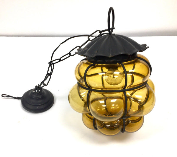 Vintage mid century modern imprisoned or caged glass hanging lamp with chain