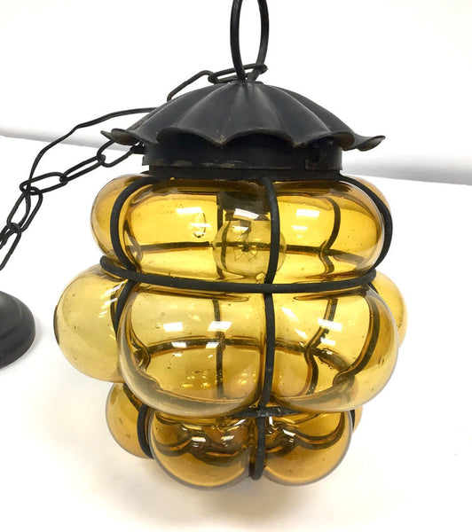 Vintage mid century modern imprisoned or caged glass hanging lamp with chain